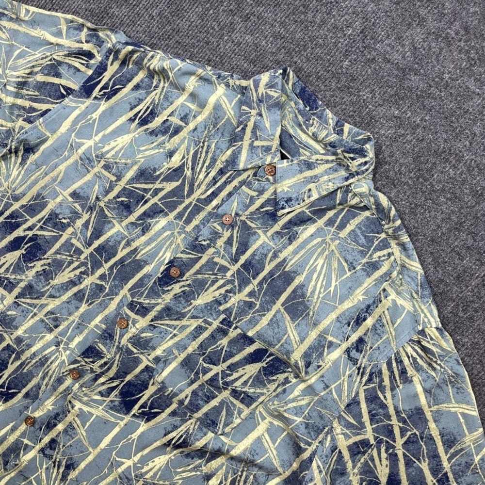 Ocean Pacific Mens L Blue Bamboo Print Rayon Camp Collar Hawaiian Shirt Vintage